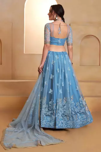 Mint Blue net sequin embroidered lehenga set with choli and dupatta