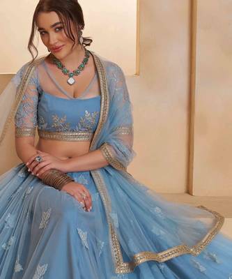 Mint Blue net sequin embroidered lehenga set with choli and dupatta 4