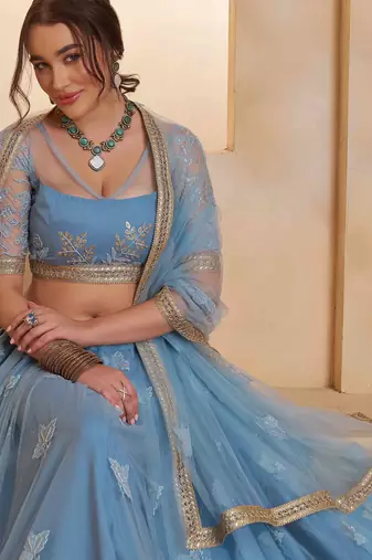 Mint Blue net sequin embroidered lehenga set with choli and dupatta