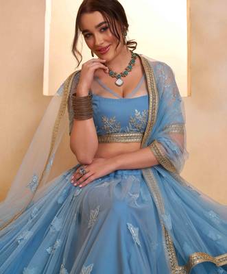 Mint Blue net sequin embroidered lehenga set with choli and dupatta 5