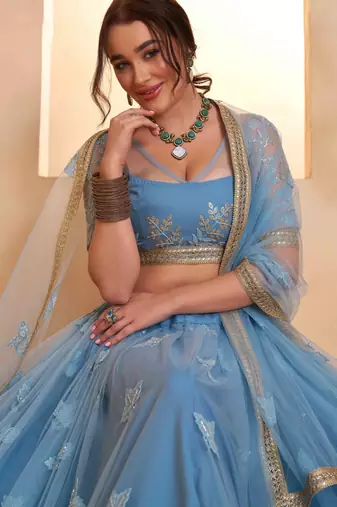 Mint Blue net sequin embroidered lehenga set with choli and dupatta
