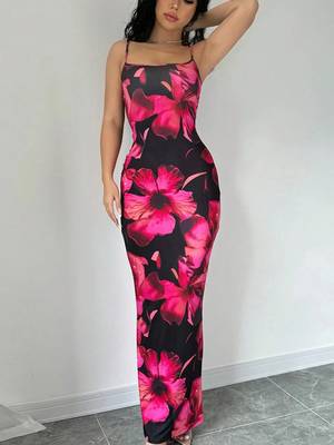 black polyester maxi dress with bodycon printed floral work 1