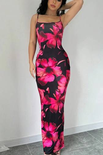 black polyester maxi dress with bodycon printed floral work