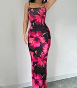 black polyester maxi dress with bodycon printed floral work