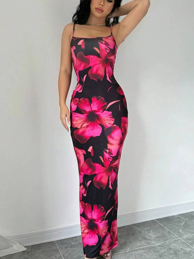 black polyester maxi dress with bodycon printed floral work