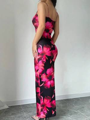 black polyester maxi dress with bodycon printed floral work 2