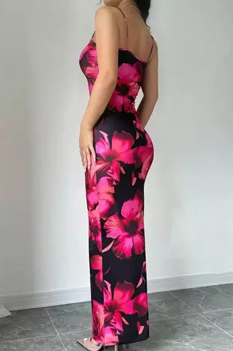 black polyester maxi dress with bodycon printed floral work