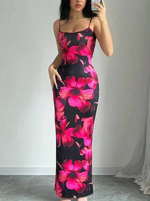 black polyester maxi dress with bodycon printed floral work 3