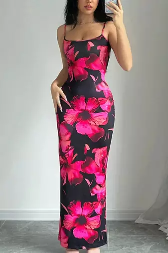 black polyester maxi dress with bodycon printed floral work