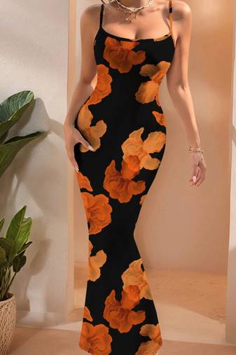 orange polyester maxi dress with floral print bodycon fit