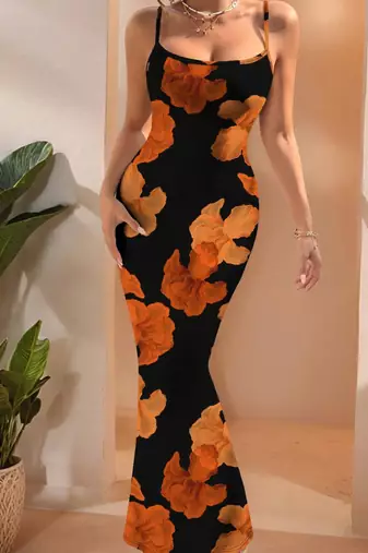 orange polyester maxi dress with floral print bodycon fit