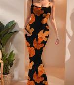 orange polyester maxi dress with floral print bodycon fit