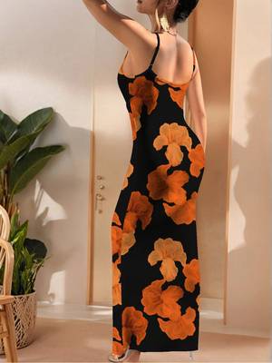 orange polyester maxi dress with floral print bodycon fit 2