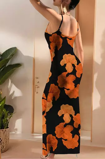 orange polyester maxi dress with floral print bodycon fit