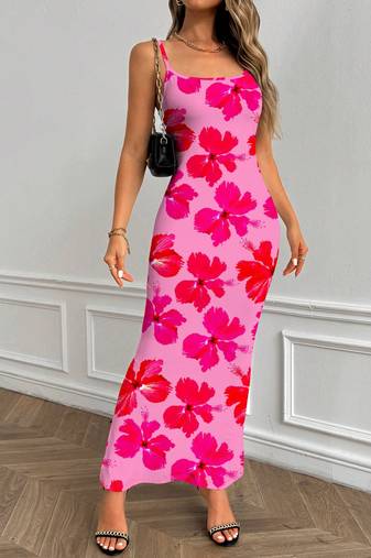 raspberry polyester maxi dress with floral print bodycon fit