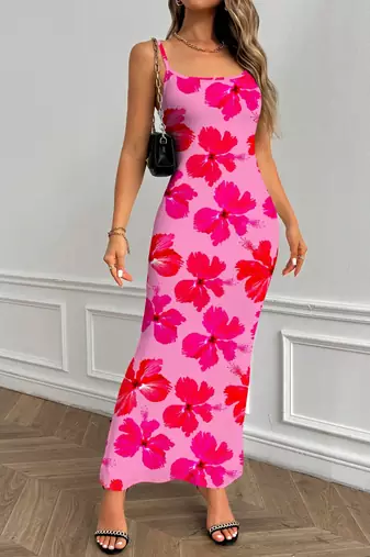 raspberry polyester maxi dress with floral print bodycon fit