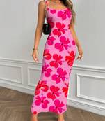 raspberry polyester maxi dress with floral print bodycon fit