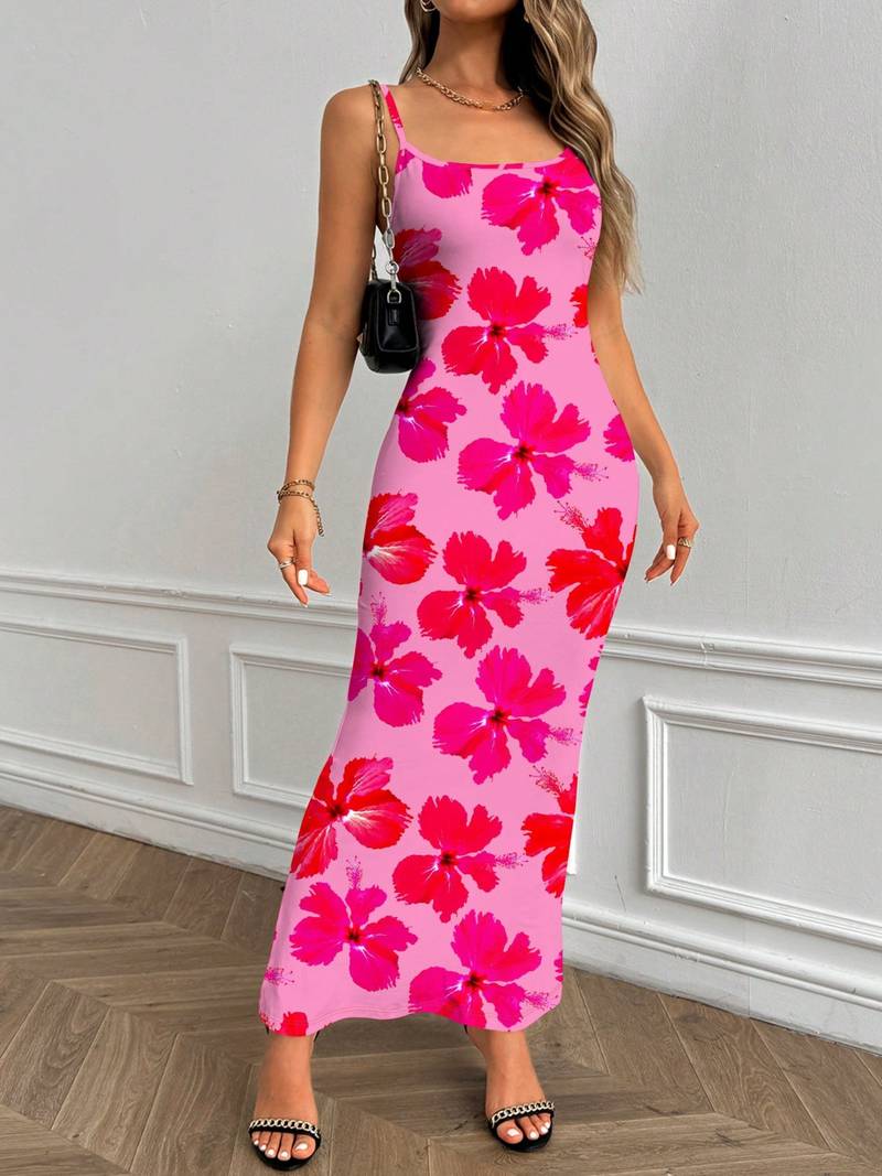 raspberry polyester maxi dress with floral print bodycon fit