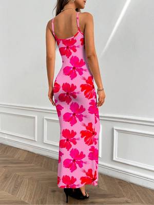 raspberry polyester maxi dress with floral print bodycon fit 2