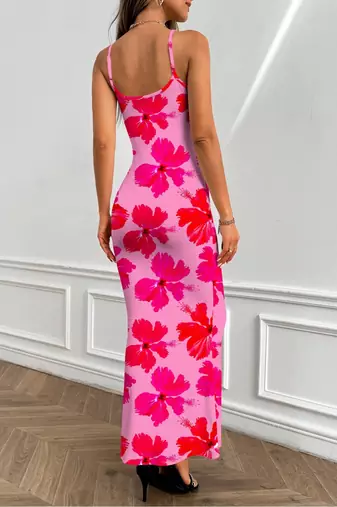raspberry polyester maxi dress with floral print bodycon fit