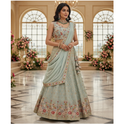 mint white floral embroidered lehenga with dupatta 1