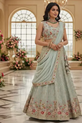 mint white floral embroidered lehenga with dupatta