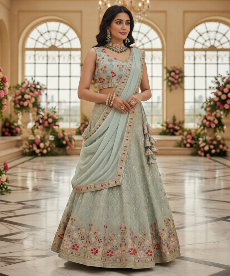 mint white floral embroidered lehenga with dupatta
