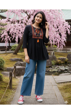 Women's Rayon Embroidered Black Top | Handmade Block Solid Rayon Fabric Designer Tops & Tunics 1
