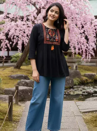 Women's Rayon Embroidered Black Top | Handmade Block Solid Rayon Fabric Designer Tops & Tunics