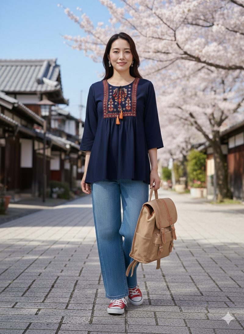 Women's Rayon Embroidered Blue Top | Handmade Block Solid Rayon Fabric Designer Tops & Tunics