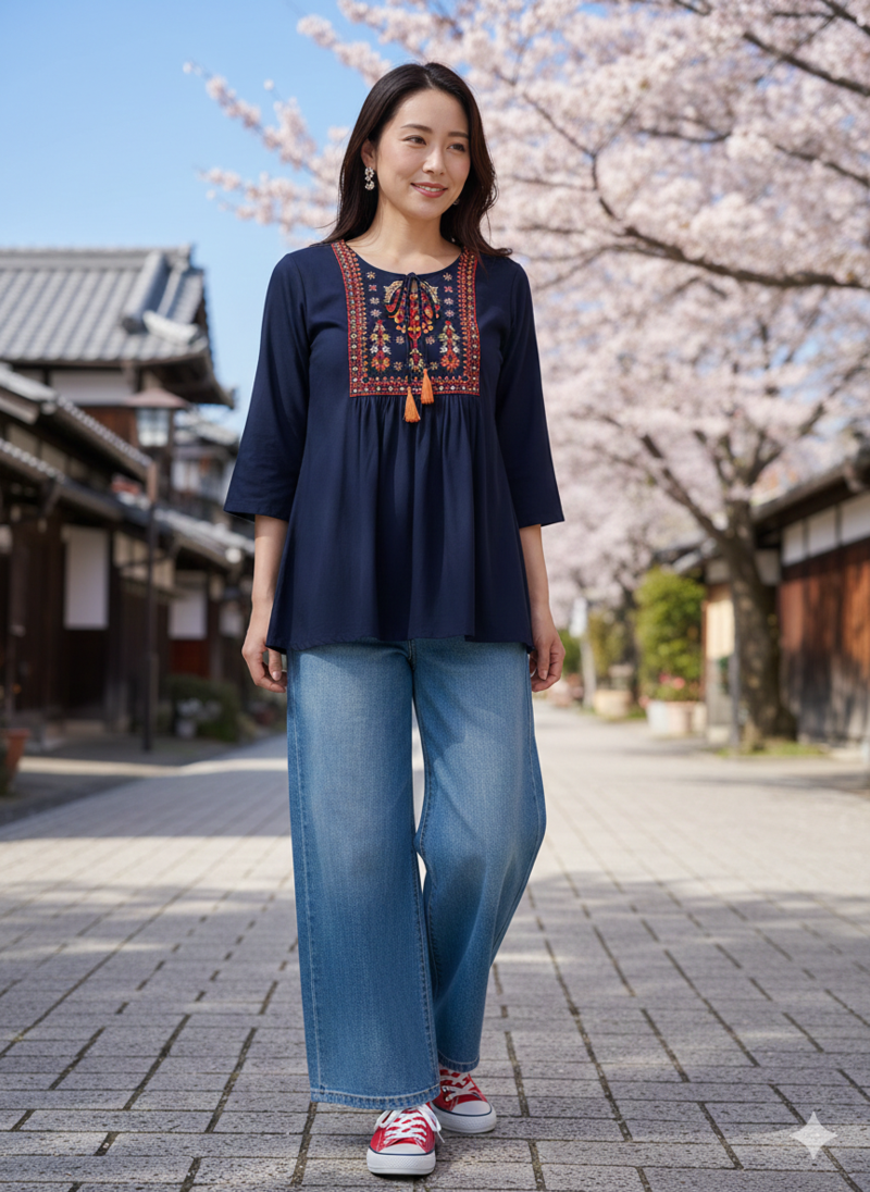 Women's Rayon Embroidered Blue Top | Handmade Block Solid Rayon Fabric Designer Tops & Tunics