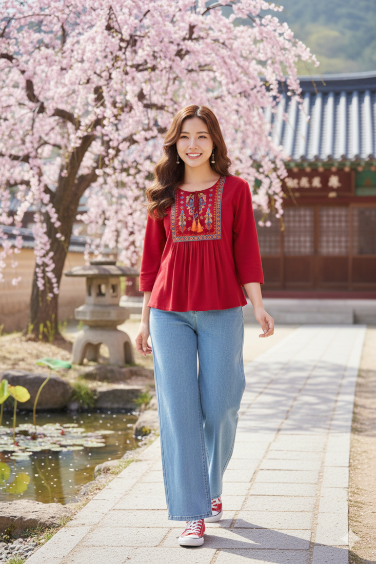 Indian Ethnic Women's Rayon Embroidered Designer Regular Maroon 3/4th Sleeves & Round Neck Top