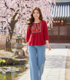 Indian Ethnic Women's Rayon Embroidered Designer Regular Maroon 3/4th Sleeves & Round Neck Top
