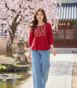 Indian Ethnic Women's Rayon Embroidered Designer Regular Maroon 3/4th Sleeves & Round Neck Top