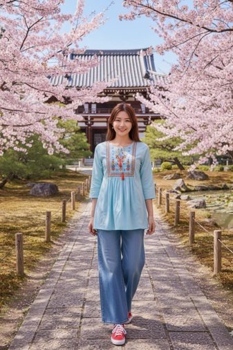 Indian ethnic women's rayon embroidered designer regular Sky Blue 3/4th sleeves & round neck top