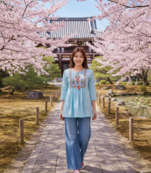 Indian ethnic women's rayon embroidered designer regular Sky Blue 3/4th sleeves & round neck top