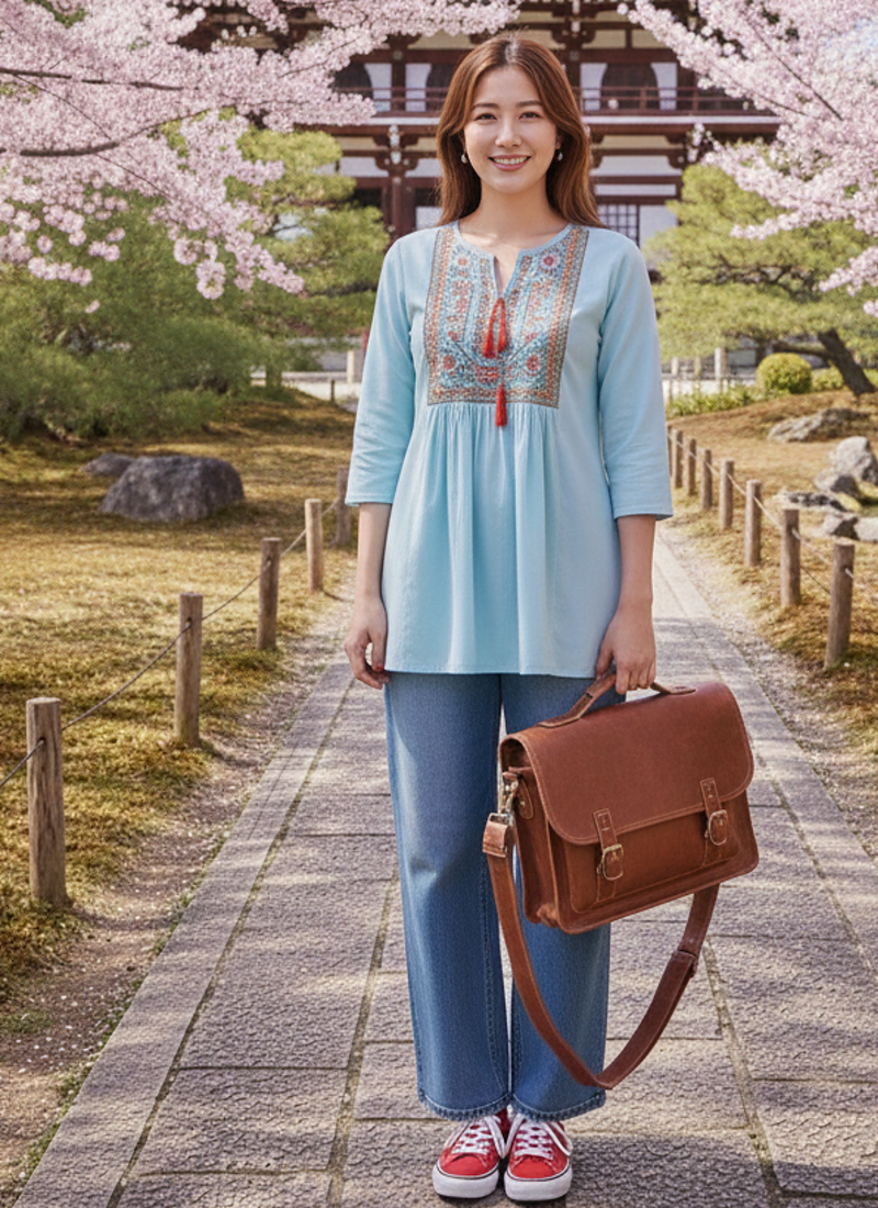 Indian ethnic women's rayon embroidered designer regular Sky Blue 3/4th sleeves & round neck top