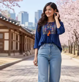 Indian ethnic women's rayon embroidered designer regular Teal 3/4th sleeves & round neck top