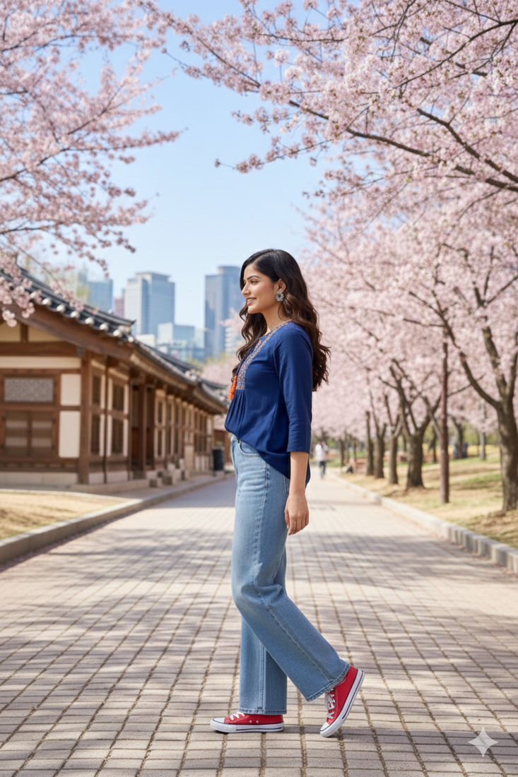 Indian ethnic women's rayon embroidered designer regular Teal 3/4th sleeves & round neck top