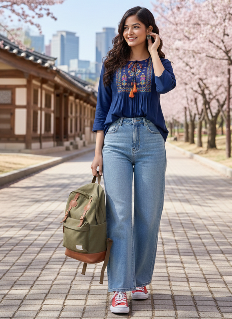 Indian ethnic women's rayon embroidered designer regular Teal 3/4th sleeves & round neck top