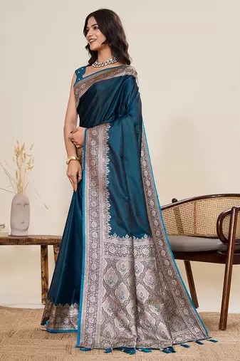 blue art silk woven kanjivaram silk saree with blouses