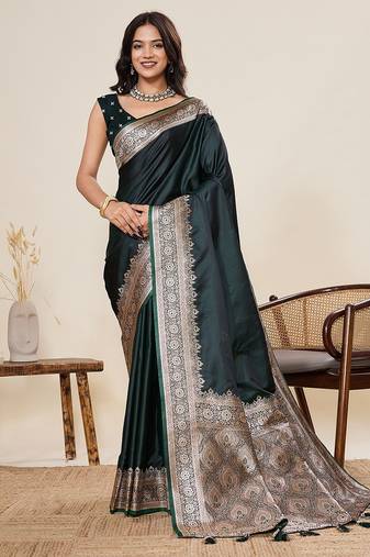 green art silk woven kanjivaram silk saree with blouses