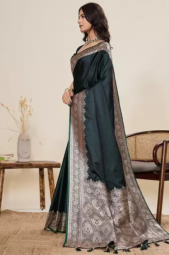 green art silk woven kanjivaram silk saree with blouses