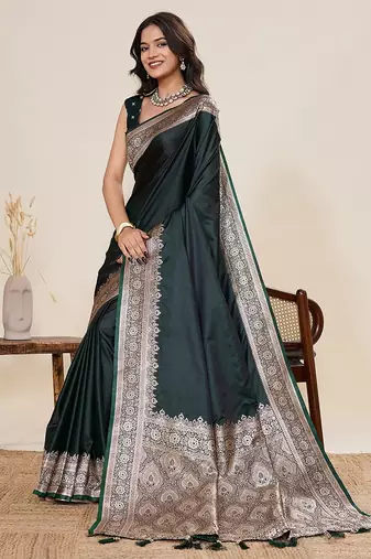 green art silk woven kanjivaram silk saree with blouses