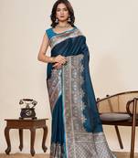 blue art silk woven kanjivaram silk saree with blouses