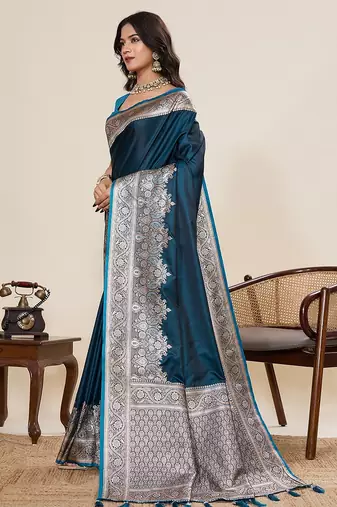 blue art silk woven kanjivaram silk saree with blouses