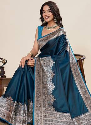 blue art silk woven kanjivaram silk saree with blouses 4