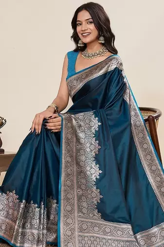 blue art silk woven kanjivaram silk saree with blouses