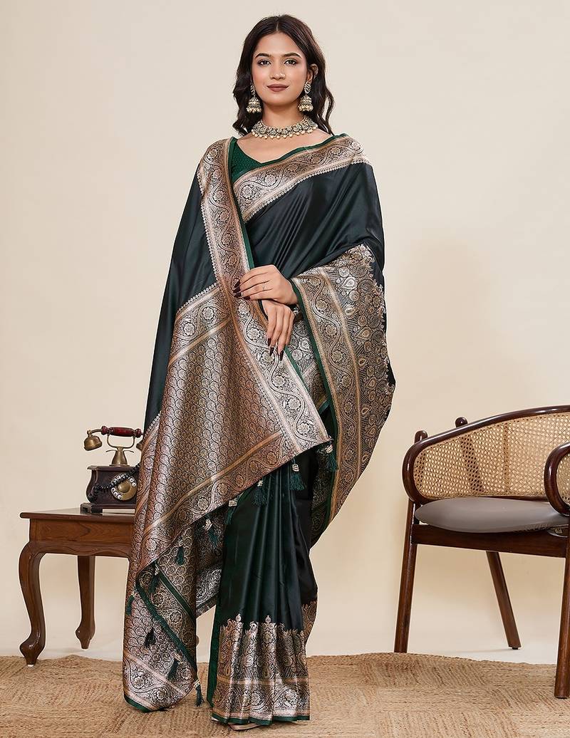 green art silk woven kanjivaram silk saree with blouses