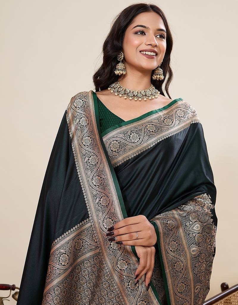 green art silk woven kanjivaram silk saree with blouses